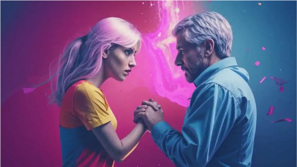 uhd detailed illustration, pastel colors, flat design, delicate modeling, photobashing, uhd image, glittery and shiny, hdr, use less than 4 colors and 1 stroke type, no acid colors, not saturated colors. scene: woman abuses husband